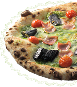 イタリアンバジル バジルソースがやみつき！1300円  MIXチーズ/パルメザンチーズ/茄子/トマト/ベーコン/バジルソース