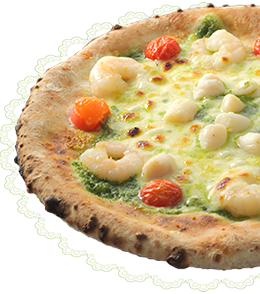 シーフード ピッツァの王道！ 1600円 MIXチーズ/パルメザンチーズ/エビ/貝柱/トマト/バジルソース